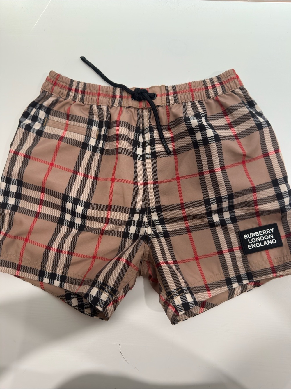 Burberry Beige Plaid Swim Shorts with Black Drawstring